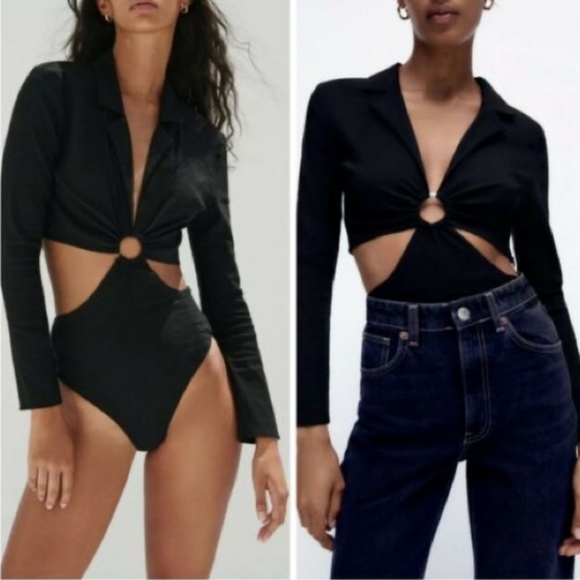 Zara Black Cut Out Long Sleeve Sliver Ring Bodysuit Size S - Picture 1 of 4